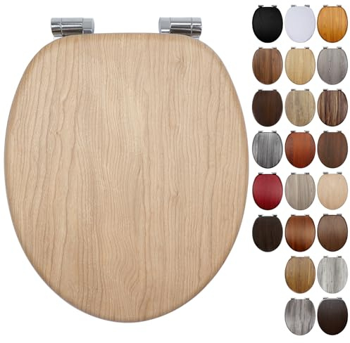 Natural Wooden Toilet Seat Soft Close with Adjustable Solid Zinc Alloy Hinges, MDF Wood Oval Toilet Seat with Bottom Fixings, Easy to Clean and Install- 18 Inch (JHE100-1-01)