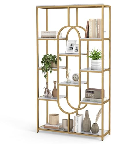 SFAREST 10-Tier Bookshelf, Freestanding Tall Display Shelf Storage Organizer with Sturdy Metal Frame and Open Storage Shelves, Industrial Etagere Bookcase for Living Room, Home Office