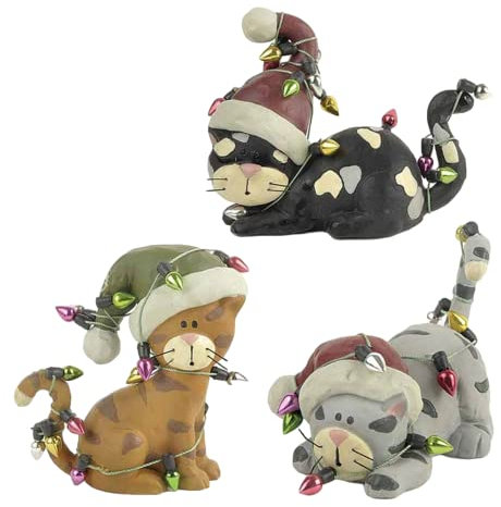 Set of 3 Cat Figurines Playing with Christmas Tree Lights