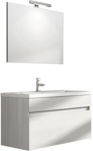 Dianhydro Meuble de salle de bain suspendu « Perseo » + lavabo et miroir 90 cm – Mélange blanc