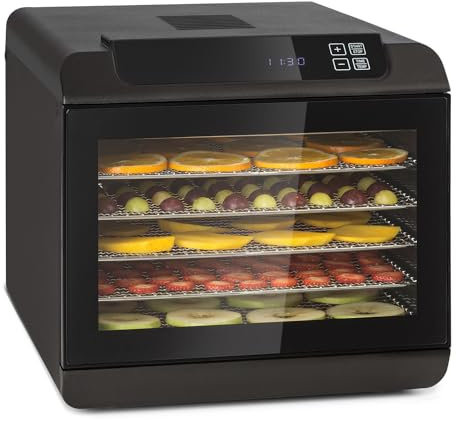 Klarstein Arizona Jerky Dörrautomat - Dörrgerät, Dehydrator, trocknet Obst, Fleisch und Früchte, 500 Watt, 35-70°C, 6 spülmaschinenfeste Einlagefächer, kurze Trockenzeit, Touch-Display, schwarz