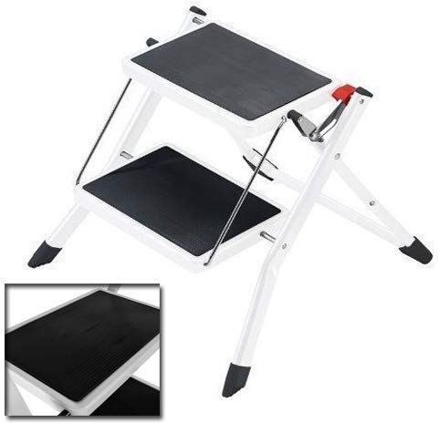 2 Step MINI Ladder Lightweight Safety Non Slip Mat Heavy Duty Steel Folding Portable Kitchen Stool Caravan Home Garden Tool DIY Multi Use 150kg Max Capacity