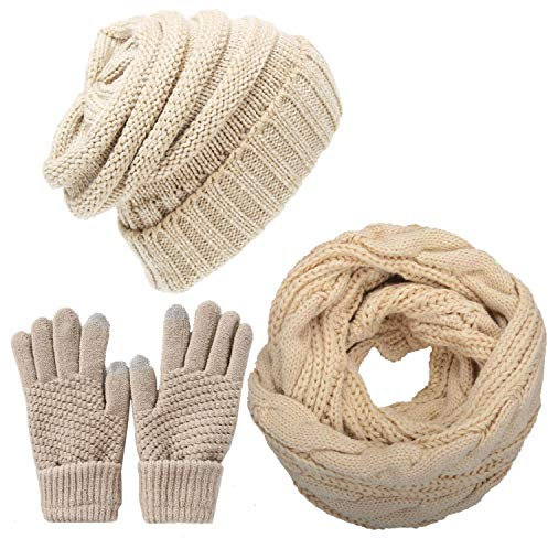 CheChury Winter Schal Strickmütze Kombiset Beanie Handschuhe Damen Set Gestrickt Geschenkset Touchscreen-Handschuhe