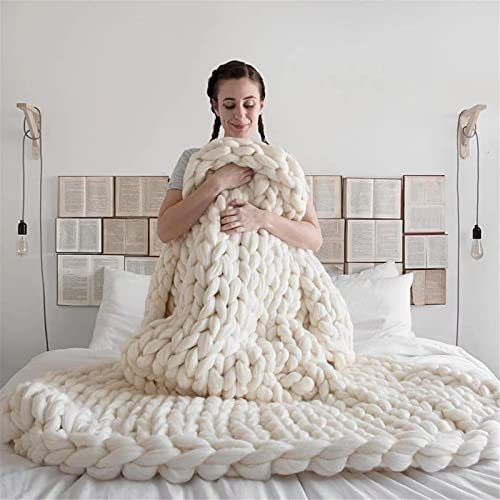 RAILONCH Gestrickte Grobstrick Decke Grob Strickdecke Handgefertigt Überwurf Decke Zuhause Sofa Wohnkultur Schlafsofa Bettdecke Geschenk (Weiß,50x50cm)