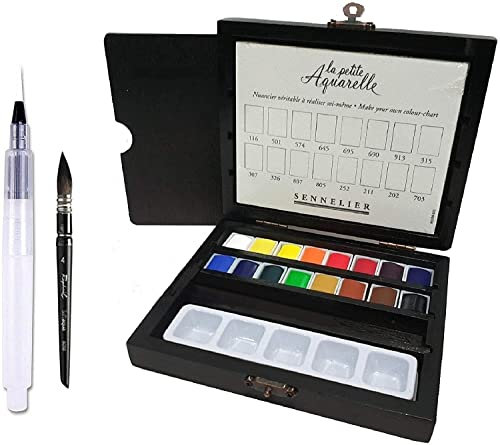 Sennelier Boîte de Peinture Aquarelle 16 demi-godets Coffret en bois + 2 Pinceau