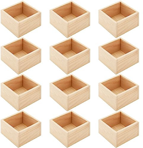 Frcctre 12 Pack Small Unfinished Wooden Box, 4 x 4 Square Wooden Box Craft Storage Organizer Box for Art Collectibles, Home Decor, Desktop Drawer Decor, Succulent Plant Pot
