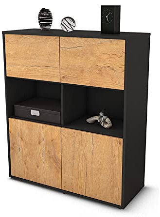 Stil.Zeit Highboard Katyna, Korpus anthrazit matt, Front Holz-Design Eiche (92x108x35cm), Push-to-Open Technik & Leichtlaufschienen