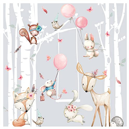 Grandora Wandtattoo Wandsticker Kinderzimmer Tiere Wald Birkenstämme Wandaufkleber Wanddeko Babyzimmer Spielzimmer Wandbild Kinder Mädchenzimmer Aufkleber DL759-4