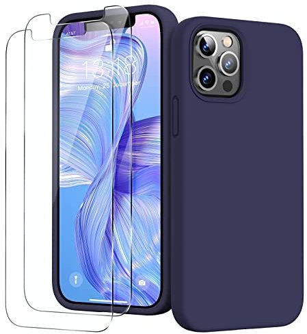 GOODVISH 3 in 1 Designed for iPhone 12 Case, iPhone 12 Pro Case with 2 Screen Protector, Liquid Silicone Soft Phone Case with Microfiber Lining Shockproof Full Protection Cover 6.1inch, Navy Blue