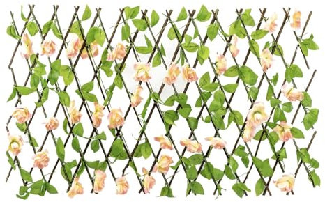 Gardenwize – Solar Powered Light up LED Extendable Garden Trellis, Screening Privacy Boarder UV Protected Faux Ivy Backdrop For Fence Balcony Patio Outdoor IP44 Waterproof (Pink Flower)