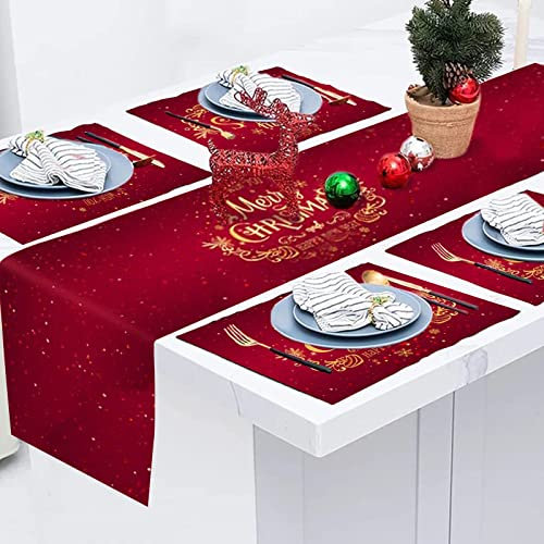 Tischläufer Weihnachten, 1 Weihnachten Tischläufer Und 4 Weihnachten Tischset, Weihnachtstischläufer Rot 180 x 33 cm, Washable Christmas Holiday Table Cloth Runners for Christmas Table Decoration