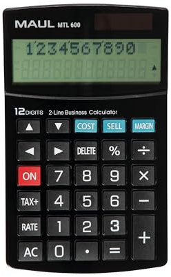 MAUL kaufmännischer Taschenrechner MTL 600 | Rechner mit kaufmännischen Funktionen | 12-stelliges Display mit 2 Zeilen | inkl. Steuerrechnung und Korrekturfunktion | Solar/Batterie | Schwarz
