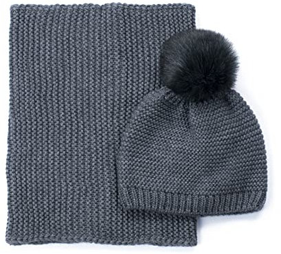 Pullmer Damen Winter Set Beanie und Loopschal 2-in-1,Strickmütze & Loop Kunstfell Bommel, gefütterte Webpelz-Bommel-Mütze und Loopschal (Grau)