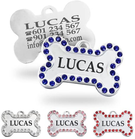Ibera Gifts - Chapa Perro Grabada De Acero Inoxidable En Forma De Hueso, Tamaño 40 x 26 mm, Placa Perro Personalizada Para Perros Medianos Hasta Grandes (Azul)