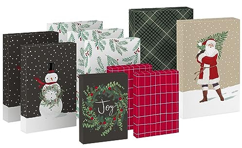 Hallmark Weihnachts-Hemd-Boxen für Geschenke (10 Kleiderboxen mit Deckel: 3 kleine 27,9 cm, 5 mittelgroße 35,6 cm, 2 große 40,6 cm), rot, grün und schwarz, kariert, Schneemänner, Weihnachtsmann,