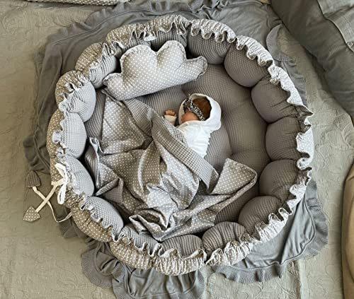 Atmungsaktive WAFFELPIQUE Baumwolle XXL ENGELSNEST +DECKE +KISSEN •Nestchen Ø90cm •Krabbledecke Ø155cm 2seitig Sommer Babynest Babykokon Reisebett (Waffel GRAU/Mini Punkte Grau)
