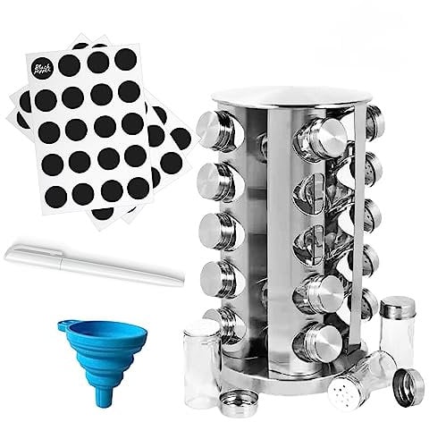 Echovate Rotating Spice Rack Organiser with 20 Spice Jars, Labels, and Funnel Included - Thick and Strong Spice Racks Free Standing Set Carousel Spice Storage Can Rotated 360°