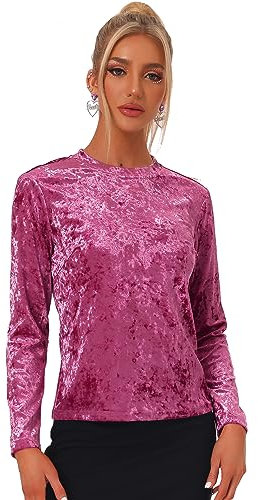 Allegra K Camiseta Casual de Manga Larga con Cuello Redondo y Parte Superior de Terciopelo para Mujer Fucsia L