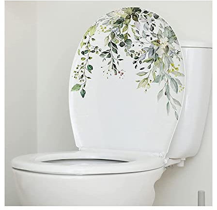 HFINGAQEX Plant Leaves Flowers Toilet Seat Lid Stickers, Green Leaf Floral Toilet Lid Decals,Self-Adhesive Bathroom Wall Sticker, DIY Removable Waterproof Toilet Sticker for Bathroom Cistern Decor