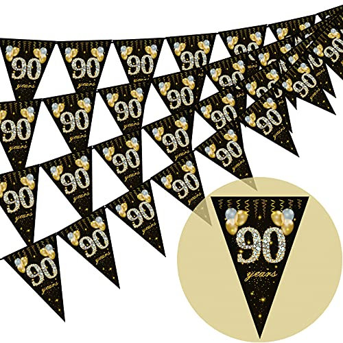 90. Geburtstag Wimpel, glückliche Banner Wimpel Fahnen, 40 Stück Dreieck Gold Schwarz Glitter Diamant nach Zahlen 90. Geburtstag Jahrestag Thema Party Dekoration liefert
