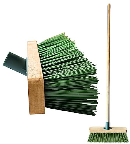 12” Broom Outdoor Yard Broom Sweeping Brush Strong PVC Bristles with Wooden Handle Garden Brooms for Cleaning Patio Yards Driveways Warehouse and Garage (GREEN)