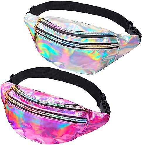 JunD 2 Stück Bauchtasche Damen Metallic, Gürteltasche Damen Holografisch, Bauchtasche Damen PU Leder, wasserdichte Reflektierende Bauchtasche, 80er & 90er Jahre Retro Bauchtasche (Silber+Rosa)