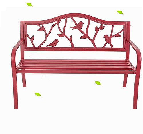 LOERSS Gartenbank Für Den Außenbereich, Stahlrahmenbank Mit Rückenlehne Und Armlehnen, Terrassen-parkbank Aus Metall In Rot, Terrassen-parkbank Mit Rückenlehne Mit Vogelmuster