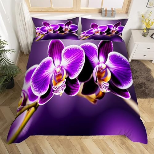 Orchidee Bettwäsche Set 135x200 cm Weich Mikrofaser Einfach Bettwäsche-Set mit Reißverschluss 3 Teilig Bettbezug Set mit 2 Kissenbezug 80x80 cm