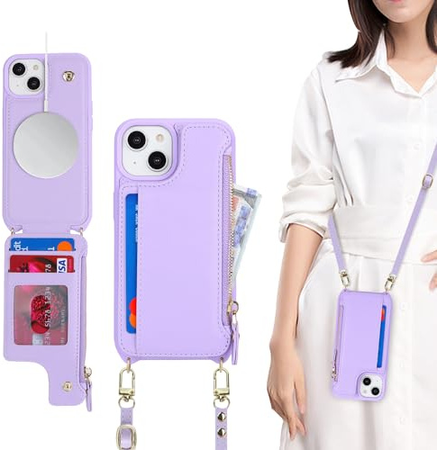 SailorTech for iPhone 13 Case with Credit Card Holder magsafe, iPhone 13 Phone Leather Case Wallet for Men Crossbody with mag safe Zipper Shockproof Case for Women - Purple