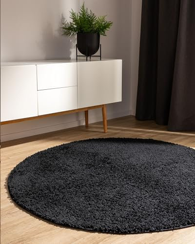 benuta Hochflorteppich SOHO Schwarz ø 80 cm rund - Kuschelig Weicher Teppich im Minimalistischen Look - Pflegeleicht - Fußbodenheizung Geeignet