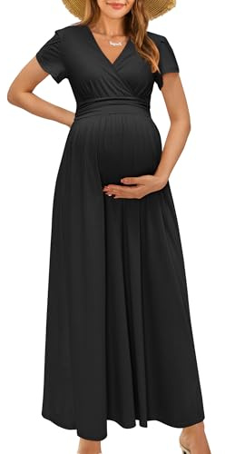 OUGES Maternity Maxi Dress Black Long Summer Pregnancy Dress for Women UK Spring Breastfeeding Dresses-M