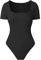 CLDFHX Bodysuit Kurzarm für Damen Nahtlos Elegant Gerippte Shapewear Damen Body Bauchweg Einteiliger Square Neck Leotard Top, M, Schwarz