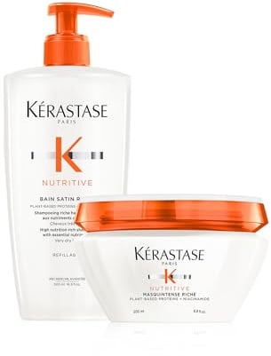 KÉRASTASE Nutritive - Routine Cheveux Secs & Très Secs, Moyens à Epais - Shampoing Bain Satin Riche 500 ml + Masque Cheveux Masquintense Riche - Apporte des Nutriments Essentiels & Nourrit Intensément