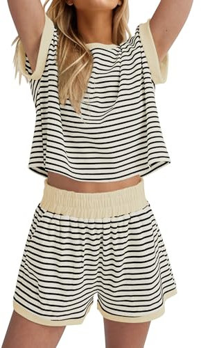 Burtell 2-teiliges Lounge-Set für Damen, gestreift, kurzärmelig, Mini-Shorts, Loungewear, Shorts, geripptes Pyjama-Set, Beige, M