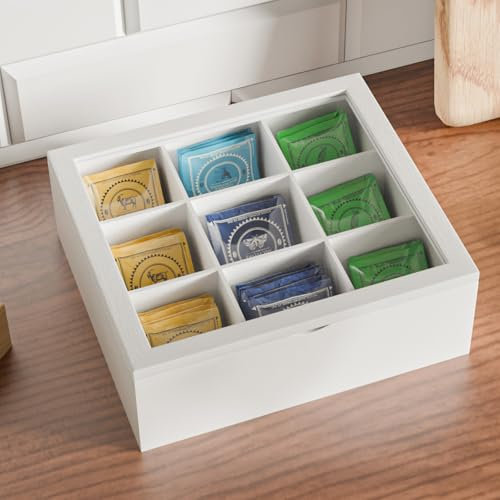 Exabang Teebox mit 9 Fächer, Bambus Teekiste, Teekasten für Teebeutel mit Sichtfenster, Tee Aufbewahrung Organizer Behälter Sortierbox (9 x 24,5 x 21,5 cm, Weiß)