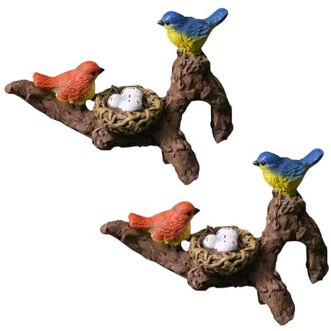 HyzaPhix Auf Ästen sitzende Vögel, Blumentopf-Figuren, Mini-Vögel aus Kunstharz, Hängedekoration für Aquarien, Ornament für Bonsai, Pflanzgefäß, Terrarium, Gartendekoration (2PCS Vögel)