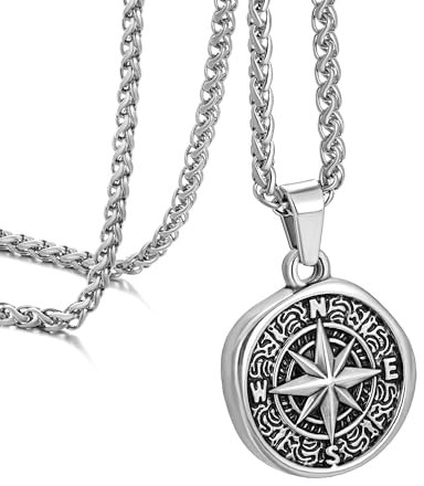 Murtoo Silberkette für Herren - Kompass Anhänger, Edelstahl Halskette, Geschenk (Vintage Silber, Weizenkette)