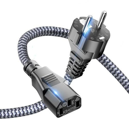 Netzkabel 3 Polig,Kaltgerätekabel 3m Nylon-Geflecht Stromkabel (CEE 7/7 auf IEC60320 C13), Kaltgerätestecker gerade mit VDE für Monitore, PC, Drucker, PS3/PS4 PRO, Scanner, TV, Bildschirm