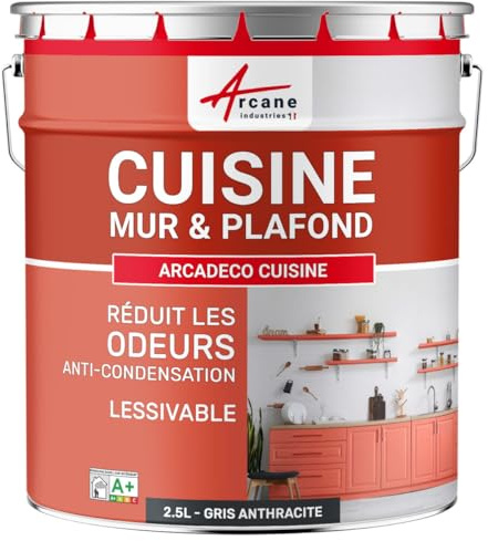Peinture Cuisine Lessivable Anti-Odeur Mur Plafond 2.5 L Gris Anthracite | Anti-Odeur de Cuisson, Ultra Couvrante, Lessivable, Limite les Moisissures, Murs et Plafonds - Arcane Industries