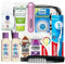 Womens Essential Travel Toiletry Bag including a clear toiletry bag, roll on deodorant, shampoo and condition, shower gel, toothbrush, toothpaste, mouthwash, floss, facial wash, a comb and atomiser