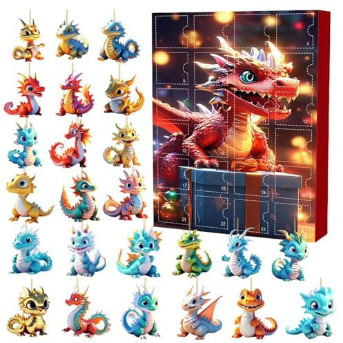Drachen Weihnachten Adventskalender 2024, Dinosaurier-Adventskalender 24 Dino Anhänger - 2D Dinosaurier Ornamente Weihnachten Sammlerstück Set Drachen Weihnachten