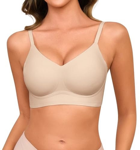 Xnova Donna Reggiseno Senza Ferretto Push Up Minimizer Reggiseni Senza Cuciture Imbottito Morbido e Traspirante Scollo a V Bralette con Spaghetti Regolabili, Beige, M