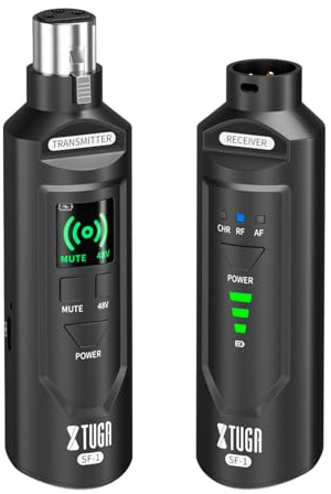 XTUGA 2.4GHz Wireless XLR Transmitter & Receiver, Wireless Microphone Adapter System for Dynamic/Condenser Mics w/ 48V Phantom Power fit for Live Show,Audio Mixer,PA Systems,Studio,Church (SF-1)
