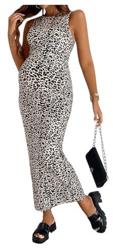 GORGLITTER Women's Maternity Leopard Bodycon Tank Sundress Crewneck Sleeveless Elegant Long Dresses Beige XX-Large