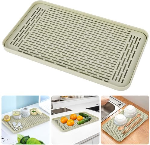 SOSMAR Drainer with Drip Tray - Dish Drain Board - Water Collection Drying Tray Trivet for Fruit, Mug, Utensils, Bathroom Accessories, Coffee and Tea, 39 x 22.5cm Green