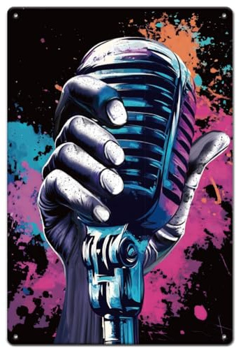 SUPERDANT Music Microphone Metal Signs Colorful Microphone Tin Sign Funny Vintage Wall Plaques Graffiti Wall Art Poster for Man Cave Living Room Bedroom Bar Club Retro Decor Gifts for Music Lover