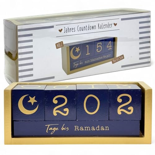 MIJOMA Countdown Kalender Islamische Feste aus Holz – Ramadan, Neujahr, Opferfest – Zählkalender für 432 Tage – Dekoration für islamische Anlässe (Blau/Gold - Muslim Edition)
