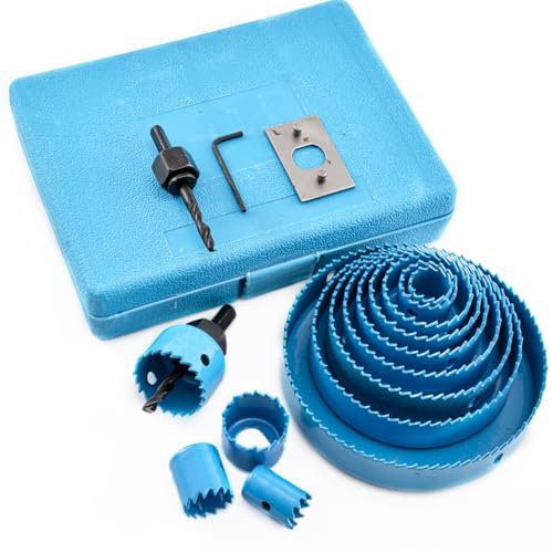 HOHXEN 16 Pièces Kit de Scie Cloche Bleu, Kit de Scie Cloche avec 1 Plaque D'entraînement et 2 Mandrins, pour Couper L'acier Doux, L'acier Inoxydable, Fonte, L'aluminium, Bois, PVC, Plaques de Plâtre