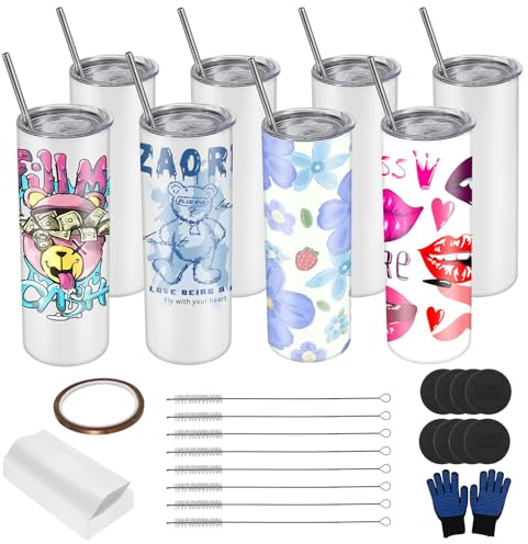 Tsudoku 8 Pack Sublimation Tumblers, 20 OZ Stainless Steel Straight Skinny | Subbing Tumblers Cups with Sublimation Shrink Wrap, Straw and Individually Box