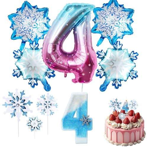 4. Geburtstagsdeko, Schneeflocken Deko Luftballon 9 Stück | Geburtstag Zahlen Luftballon 4 Jahre & Geburtstagskerzen mit Schneeflocken Kuchen Deko, Geburtstagsdekorationen, Partyzubehör